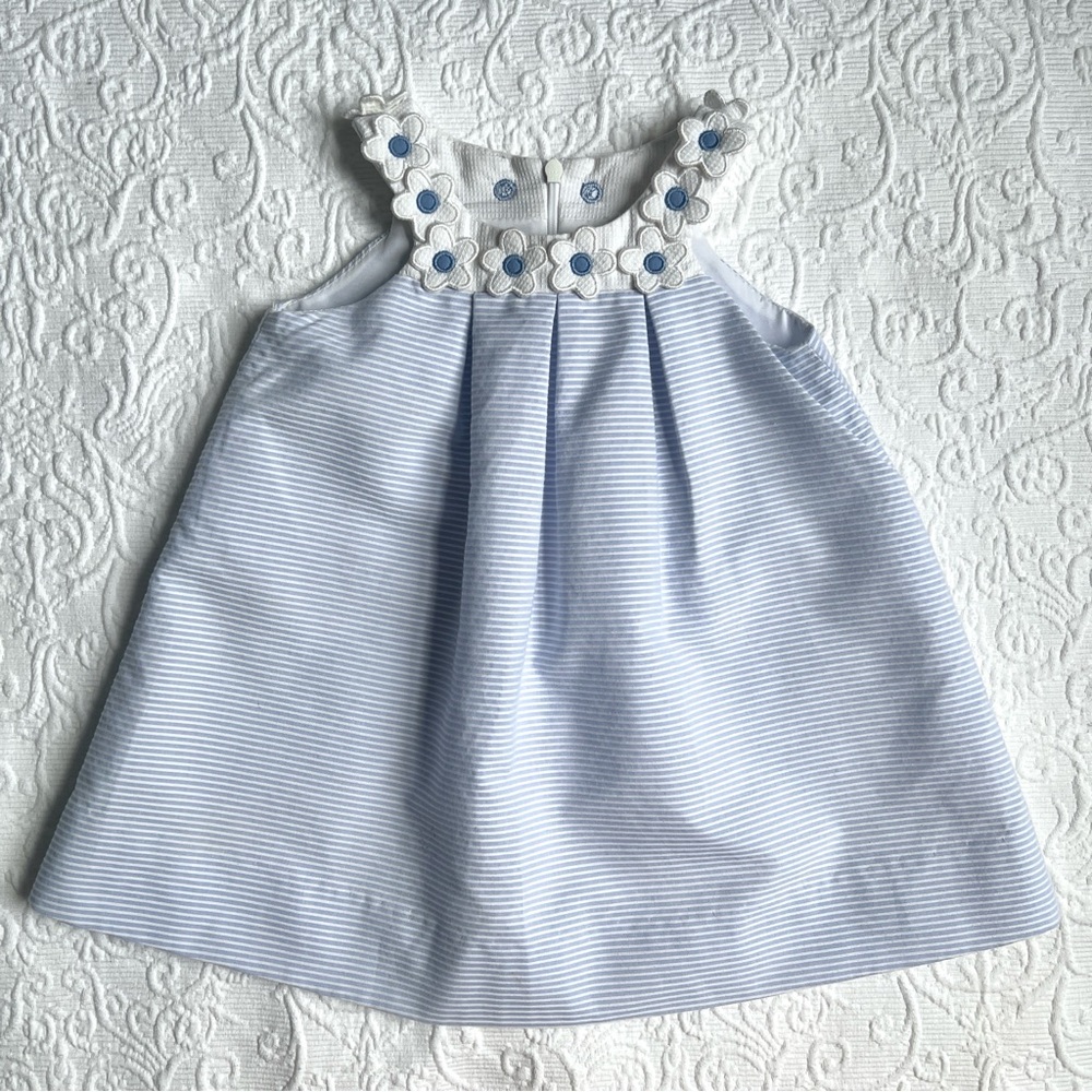 18M🪻 Florence Eiseman Blue White Stripe Pique Dress w/ Appliqué Flowers